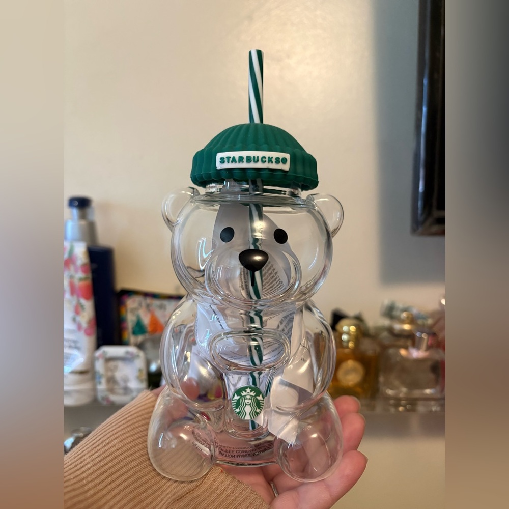 Starbucks Clear Bear Tumbler with Green Lid and Straw